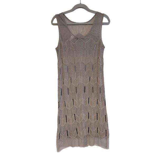 Sundance Dresses & Skirts - Sundance Mesh Overlay Beaded Chevron Silver Grey Dress Size 10 EUC